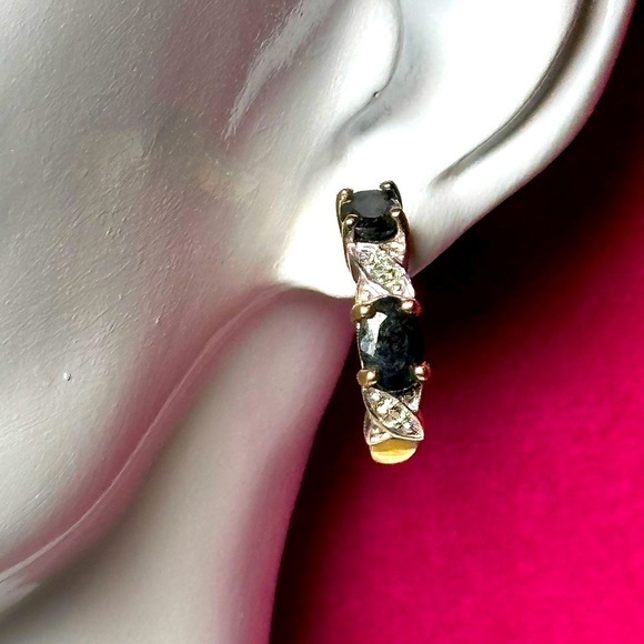 EARRINGS Sapphire Genuine 925 Sterling Silver Gold Overlay Pierced Post 4088 B - Picture 3 of 8